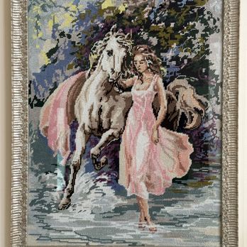 Truly Yours Custom Framing - Lady w/a Horse (framed needlepoint) - cross-stitched by Hiraeth Ceramics: https://hiraethceramics.com/product-category/needlepoints/ - Framing Near Me - Burnt Hills, New York Truly Yours Custom Framing - Lady w/a Horse (framed needlepoint) - cross-stitched by Hiraeth Ceramics: https://hiraethceramics.com/product-category/needlepoints/ - Framing Near Me - Burnt Hills, New York