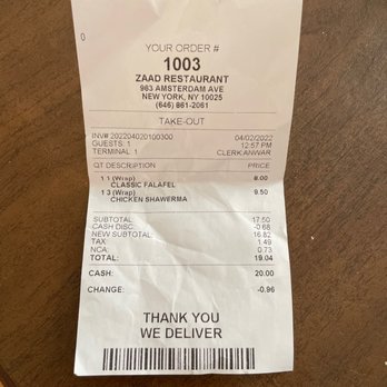 Zaad - Amsterdam Ave - The receipt - Falafel Near Me - New York, New York Zaad - Amsterdam Ave - The receipt - Falafel Near Me - New York, New York