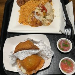 Steak & Onions by Couchpota.doh! - Empanadas and chicken sofrito plate