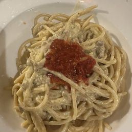 Bucatini with Buona Forchetta sauce and Italian sausage