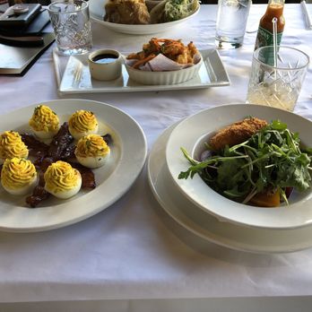 BrickTop's Restaurant - Deviled Eggs w/ millionaires Bacon, Beet Salad w/ Goat Cheese and Rock Shrimp Tempura. - Breakfast & Brunch Near Me - Charlotte, North Carolina