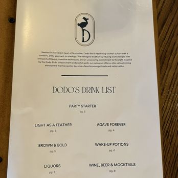 Dodo Bird Kitchen and Cocktails - drink menu - Cocktail Bars Near Me - Scottsdale, Arizona