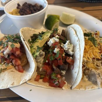 Crabby's Beachside Pavilion - Tacos (l to r: shrimp, steak, chicken) - Seafood Near Me - Clearwater Beach, Florida Crabby's Beachside Pavilion - Tacos (l to r: shrimp, steak, chicken) - Seafood Near Me - Clearwater Beach, Florida