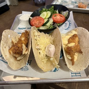The Sneaky Beagle - Three tacos: (left to right) Chicken Waffle taco, Chicken Fettuccine Alfredo, and the Ruxin Taco. - Seafood Near Me - Myrtle Beach, South Carolina