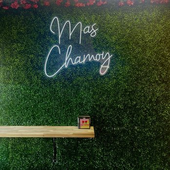 Mas Chamoy - A neon sign displaying 'Mas Chamon' is mounted on a green artificial leafy wall with pink flowers at the top. - Juice Bars & Smoothies Near Me - Providence, Rhode Island