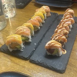 Left: mango salmon roll, right: Oh Baby Roll Left: mango salmon roll, right: Oh Baby Roll