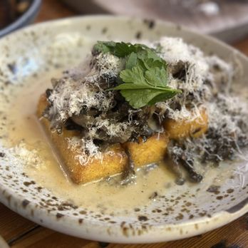 Manuela - Hen of the Woods Mushroom, Polenta Cake, Crème Fraiche, Garlic - New American Near Me - Los Angeles, California Manuela - Hen of the Woods Mushroom, Polenta Cake, Crème Fraiche, Garlic - New American Near Me - Los Angeles, California