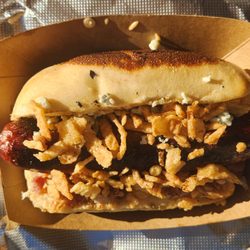 The Good Life Eats & Treats - Bleu Buffalo - Smoked Bison Sausage with Cave-Aged Bleu Cheese, Sriracha Aioli, Bacon and Crispy Onion straws