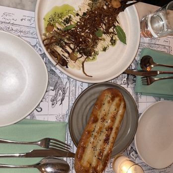 Eyval - Eggplant & Cured Yogurt Kashke Bademjan, mint oil, fried onions, garlic chips, walnuts with Barbari Bread - Persian/Iranian Near Me - Brooklyn, New York Eyval - Eggplant & Cured Yogurt Kashke Bademjan, mint oil, fried onions, garlic chips, walnuts with Barbari Bread - Persian/Iranian Near Me - Brooklyn, New York