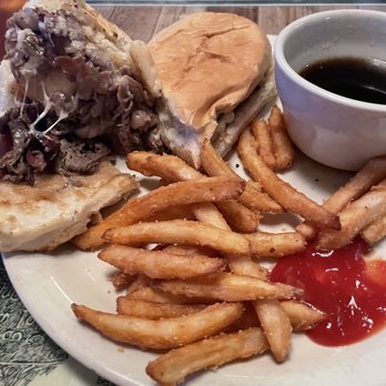 Crossroads BBQ Pit & Pub - The French Dip, $13.95 add a dollar for cheese. - Barbeque Near Me - Prineville, Oregon Crossroads BBQ Pit & Pub - The French Dip, $13.95 add a dollar for cheese. - Barbeque Near Me - Prineville, Oregon