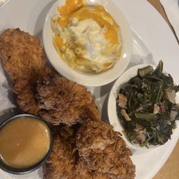 Chicken Tender Dinner with collard greens and Mac and Mac & Cheese Chicken Tender Dinner with collard greens and Mac and Mac & Cheese