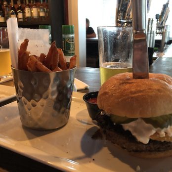 Engine No 9 - Saganaki Burger and sweet potato fries - Burgers Near Me - Saint Petersburg, Florida