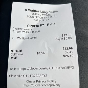 & Waffles - Receipt of Waffles & Wings - Breakfast & Brunch Near Me - Long Beach, California