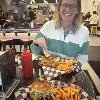 Stacked Burger - My stacker double stacked and then my date's veggie burger and fries - Burgers Near Me - Columbus, Ohio Stacked Burger - My stacker double stacked and then my date's veggie burger and fries - Burgers Near Me - Columbus, Ohio