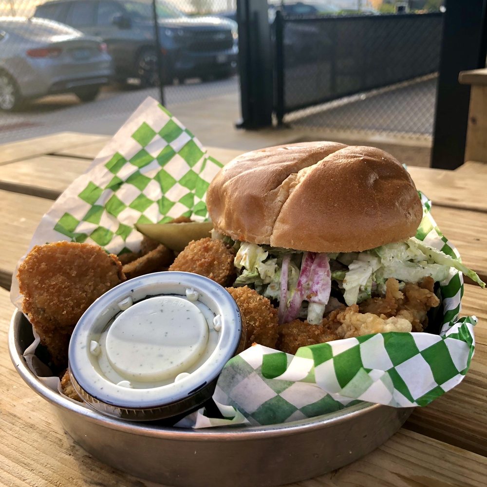 Chicken N Pickle - Hot chicken sandwich: mildly spicy b/c hot sauce added on top. Breaded pickles-spectacular. July 2021 - American Near Me - Oklahoma City, Oklahoma Chicken N Pickle - Hot chicken sandwich: mildly spicy b/c hot sauce added on top. Breaded pickles-spectacular. July 2021 - American Near Me - Oklahoma City, Oklahoma