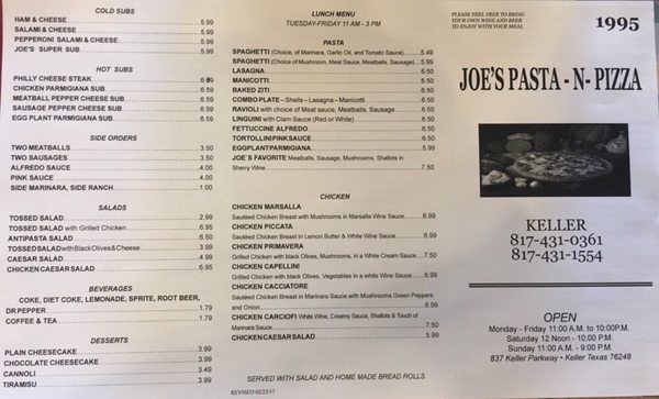Menu photo 5 Joe's Pasta N Pizza Keller, TX