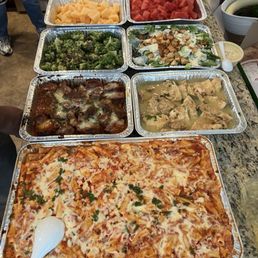 Baked ziti, Chicken Francese, meatballs, Broccoli Oregeneta, Caesar salad. Baked ziti, Chicken Francese, meatballs, Broccoli Oregeneta, Caesar salad.