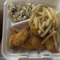 Shrimp, fries and coleslaw
