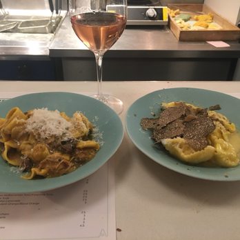 Lina Stores Restaurant - Pappardelle with rabbit ragú and olives on the left; agnolotti (like tortellini) with black truffle and ricotta on the right - Italian Near Me - London, XGL