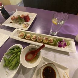 Naruto Roll, *AsahiRoll, edamame, miso soup
