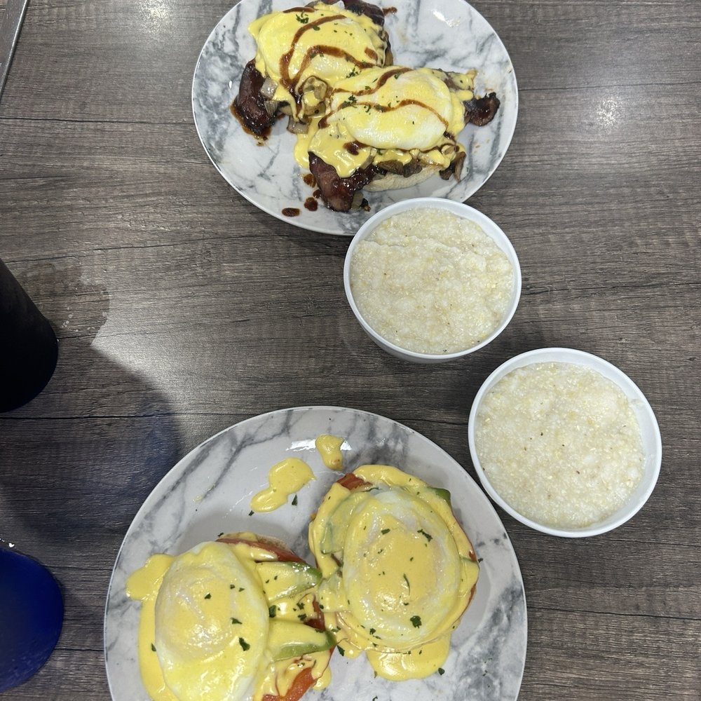 House of Breakfast - California and Brisket Benedicts, with grits. - Breakfast & Brunch Near Me - Sneads Ferry, North Carolina