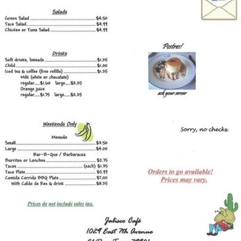Jalisco Cafe - Menu back cover - Mexican Near Me - El Paso, Texas