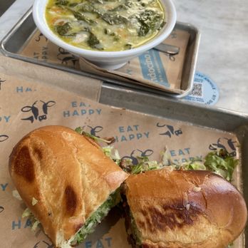Mendocino Farms - peruvian steak sandwich with greek lemon chicken & faro soup - Salad Near Me - Sherman Oaks, California Mendocino Farms - peruvian steak sandwich with greek lemon chicken & faro soup - Salad Near Me - Sherman Oaks, California