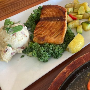 Lazy Gator - Bourbon Salmon with Zucchini and Smashed Potatoes - Cocktail Bars Near Me - Ruskin, Florida