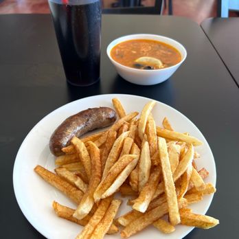 Soup & Sausage Bistro - Fresh Non Spicy Sausage Link, 1/2 Order French Fries, Solyanka Soup and Fountain Drink - Ukrainian Near Me - Phoenix, Arizona Soup & Sausage Bistro - Fresh Non Spicy Sausage Link, 1/2 Order French Fries, Solyanka Soup and Fountain Drink - Ukrainian Near Me - Phoenix, Arizona