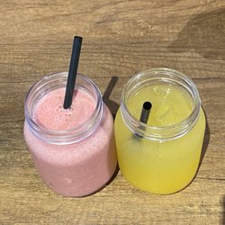 Stacked Pancake - Mixed berry smoothie. Mango lemonade.