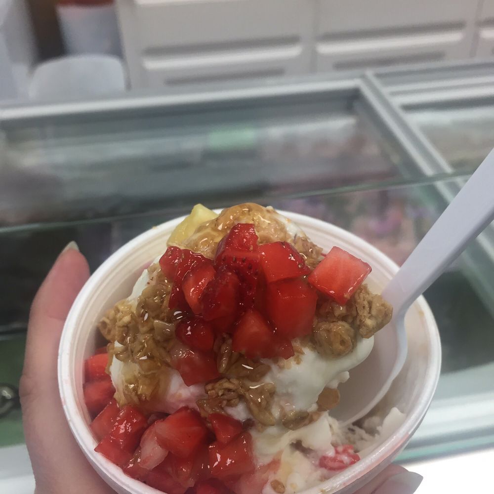 a hand holding a bowl of yogurt with strawberries and granola a hand holding a bowl of yogurt with strawberries and granola