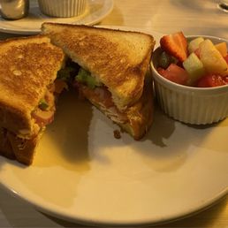 Grilled cheese with turkey, onion, tomato, and avocado