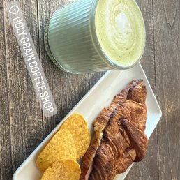 Matcha latte and ham & cheese croissant Matcha latte and ham & cheese croissant