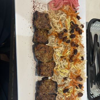 Olomi’s Grill Halal - Beef Kabob with seasoned rice and raisin/carrots - Halal Near Me - Alpharetta, Georgia Olomi’s Grill Halal - Beef Kabob with seasoned rice and raisin/carrots - Halal Near Me - Alpharetta, Georgia