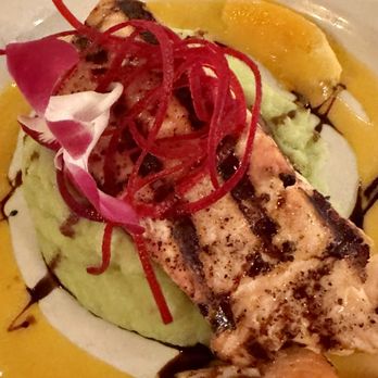 Deux Amis - Grilled salmon on garlic mashed potatoes - French Near Me - New York, New York Deux Amis - Grilled salmon on garlic mashed potatoes - French Near Me - New York, New York