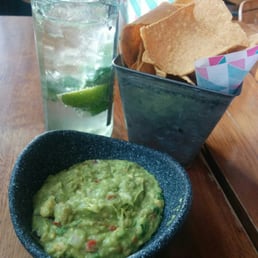 Guacamole with tortilla chips and a Citrus Fizz Guacamole with tortilla chips and a Citrus Fizz