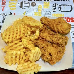 Freshly fried, very very hot, super juicy, and coated with a thin but super crispy coating! Hot crispy waffle-fries, too!