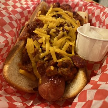 Snuffy's Malt Shop - Chili dog with chopped onions and pickles on the side! - Hot Dogs Near Me - Bloomington, Minnesota