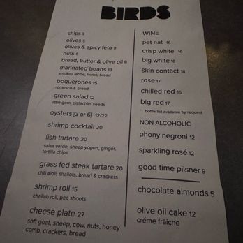 Birds - Food menu and wine - Jazz & Blues Near Me - New York, New York