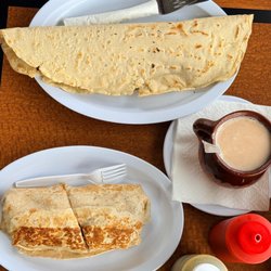 Las Marias - cornsadilla with asada, champurrado, asada burrito