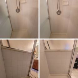 Homeserv - Shower tile cleaned with 2 step chemical process, and then with steam. all silicone replaced. Grout refilled in places.