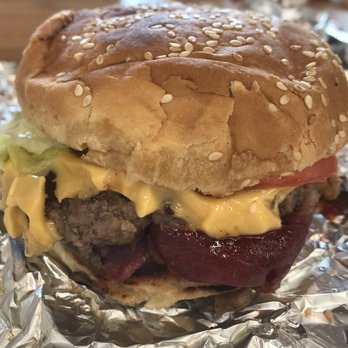 Five Guys - Little Bacon Cheeseburger~ My toppings: Grilled Onions, Grilled Mushrooms, Tomatoes, Pickles, Lettuce, BBQ Sauce, Mayo, Mustard and Ketchup! - Burgers Near Me - Fair Oaks, California