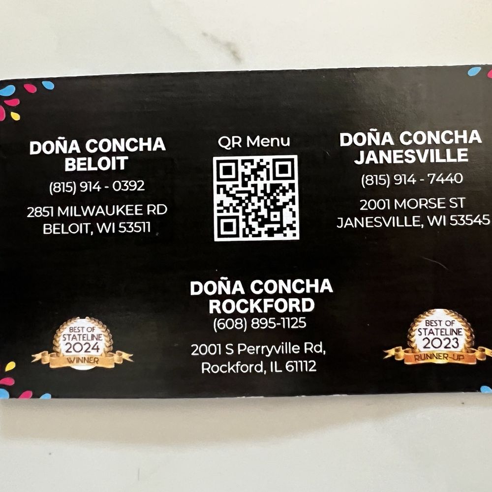 Doña Concha - Their business card with locations - Tacos Near Me
