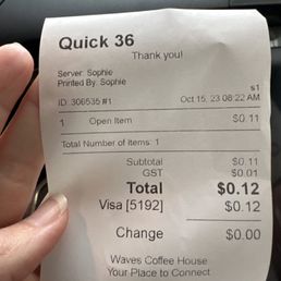 Receipt for 11 cents for barista messing up my order. Receipt for 11 cents for barista messing up my order.