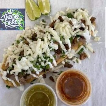 Tacos Perez - Huarache: beans choice of your meat vegetables (fresh and grilled onions cilantro) sour cream and mozzarella cheese - Food Trucks Near Me - Athens, Texas