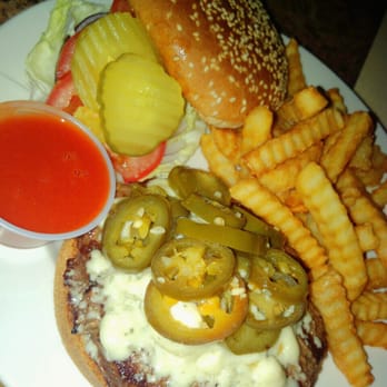 Lucky's - 1/2 lbs. burger with jalapenos, blue cheese, hot sauce, and fries - Sports Bars Near Me - Las Vegas, Nevada Lucky's - 1/2 lbs. burger with jalapenos, blue cheese, hot sauce, and fries - Sports Bars Near Me - Las Vegas, Nevada