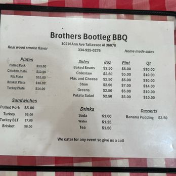 Brothers Bootleg BBQ - Menu - Barbeque Near Me - Tallassee, Alabama