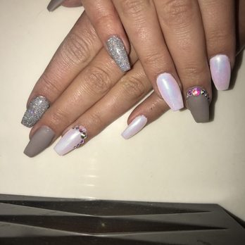 Pink N White Nails Spa - Unicorn & Gray nails w/ jewels - Nail Salons Near Me - Tucson, Arizona Pink N White Nails Spa - Unicorn & Gray nails w/ jewels - Nail Salons Near Me - Tucson, Arizona