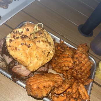 Brown Chicken Brown Cow - The Outlaw with sweet potato fries along - Barbeque Near Me - Hampton, Virginia