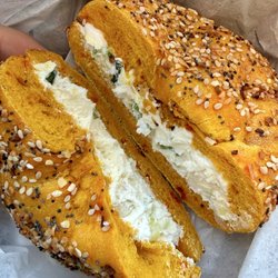 Egg everything bagel with scallion cream cheese